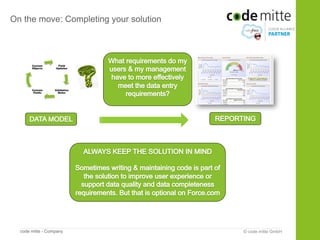 On the move: Completing your solution




       Custom      Field
       Objects    Updates




       Custom     Validation
        Fields      Rules




  code mitte - Company                  © code mitte GmbH
 