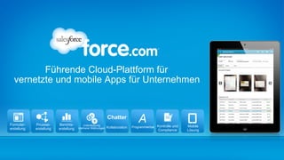 Führende Cloud-Plattform für
  vernetzte und mobile Apps für Unternehmen


                                                            Chatter
Formular-    Prozess-     Berichts-      Unterstützung
                                                            Kollaboration   Programmierbar Kontrolle und   Mobile
erstellung   erstellung   erstellung   mehrerer Währungen
                                                                                            Compliance     Lösung
 