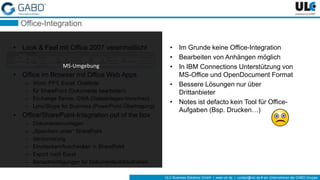ULC Business Solutions GmbH | www.ulc.de | contact@ulc.de # ein Unternehmen der GABO-Gruppe
Office-Integration
• Look & Feel mit Office 2007 vereinheitlicht
• Office im Browser mit Office Web Apps
– Word, PPT, Excel, OneNote
– für SharePoint (Dokumente bearbeiten)
– Exchange Server, OWA (Dateianlagen-Vorschau)
– Lync/Skype for Business (PowerPoint-Übertragung)
• Office/SharePoint-Integration out of the box
– Dokumentenvorlagen
– „Speichern unter“ SharePoint
– Versionierung
– Einchecken/Auschecken in SharePoint
– Export nach Excel
– Benachrichtigungen für Dokumentenbibliotheken
• Im Grunde keine Office-Integration
• Bearbeiten von Anhängen möglich
• In IBM Connections Unterstützung von
MS-Office und OpenDocument Format
• Bessere Lösungen nur über
Drittanbieter
• Notes ist defacto kein Tool für Office-
Aufgaben (Bsp. Drucken…)
MS-Umgebung
 