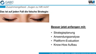 ULC Business Solutions GmbH | www.ulc.de | contact@ulc.de # ein Unternehmen der GABO-Gruppe
Zusammengefasst: „Augen zu hilft nicht“
Das ist auf jeden Fall die falsche Strategie:
Besser jetzt anfangen mit:
• Strategieplanung
• Anwendungsanalyse
• Plattform-Evaluation
• Know-How Aufbau
 