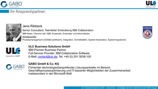 ULC Business Solutions GmbH | www.ulc.de | contact@ulc.de # ein Unternehmen der GABO-Gruppe
Ihr Ansprechpartner:
Jens Ribbeck
Senior Consultant, Teamleiter Entwicklung IBM Collaboration
IBM Notes / Domino seit 1999, Anwender, Entwickler und Administrator
Schwerpunkte:
Prozessmanagement (OCEB2-zertifiziert), Integration, Schnittstellen, System-Koexistenz, Systemmigrationen
ULC Business Solutions GmbH
IBM Premier Business Partner
Full Service Provider, IBM Collaboration Software
E-Mail: contact@ulc.de, Tel. +49 (0) 351 5638-100
GABO GmbH & Co. KG
Führender technologieübergreifender Lösungsanbieter im Bereich
Geschäftsprozessoptimierung und IT-basierter Möglichkeiten der Zusammenarbeit
insbesondere in der Microsoft-Welt
 