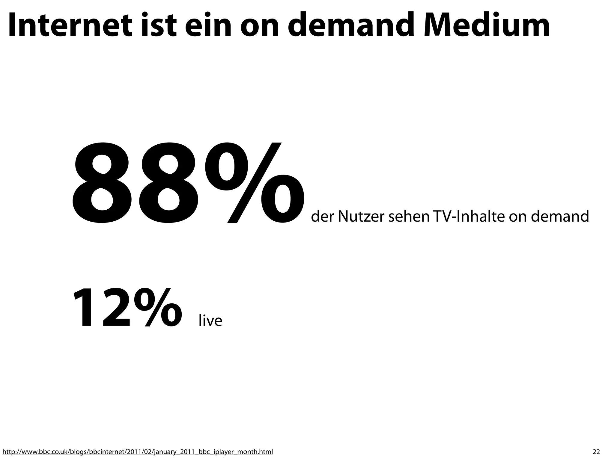 Internet ist ein on demand Medium




                    88%                                                              der Nutzer sehen TV-Inhalte on demand




                    12%                                    live




http://www.bbc.co.uk/blogs/bbcinternet/2011/02/january_2011_bbc_iplayer_month.html                                           22
 