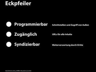 Eckpfeiler


                  Programmierbar                       Schnittstellen und Zugriﬀ von Außen



                  Zugänglich                           URLs für alle Inhalte



                  Syndizierbar                         Weiterverwertung durch Dritte




http://www.avc.com/a_vc/2005/11/the_future_of_m.html                                         22
 