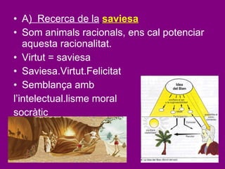 A )  Recerca de la   saviesa Som animals racionals, ens cal potenciar aquesta racionalitat.  Virtut = saviesa Saviesa.Virtut.Felicitat Semblança amb  l’intelectual.lisme moral  socràtic 
