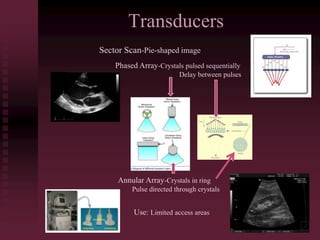 Transducers
Sector Scan-Pie-shaped image
Phased Array-Crystals pulsed sequentially
Delay between pulses
Annular Array-Crystals in ring
Pulse directed through crystals
Use: Limited access areas
 