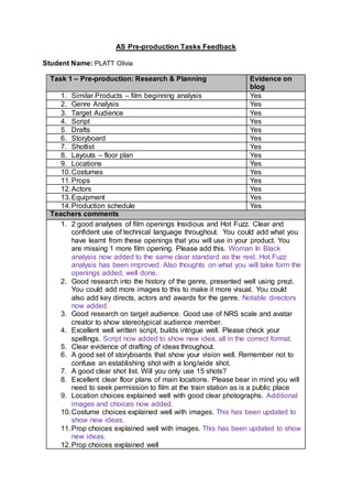 AS Pre-production Tasks Feedback
Student Name: PLATT Olivia
Task 1 – Pre-production: Research & Planning Evidence on
blog
1. Similar Products – film beginning analysis Yes
2. Genre Analysis Yes
3. Target Audience Yes
4. Script Yes
5. Drafts Yes
6. Storyboard Yes
7. Shotlist Yes
8. Layouts – floor plan Yes
9. Locations Yes
10.Costumes Yes
11.Props Yes
12.Actors Yes
13.Equipment Yes
14.Production schedule Yes
Teachers comments
1. 2 good analyses of film openings Insidious and Hot Fuzz. Clear and
confident use of technical language throughout. You could add what you
have learnt from these openings that you will use in your product. You
are missing 1 more film opening. Please add this. Woman In Black
analysis now added to the same clear standard as the rest. Hot Fuzz
analysis has been improved. Also thoughts on what you will take form the
openings added, well done.
2. Good research into the history of the genre, presented well using prezi.
You could add more images to this to make it more visual. You could
also add key directs, actors and awards for the genre. Notable directors
now added.
3. Good research on target audience. Good use of NRS scale and avatar
creator to show stereotypical audience member.
4. Excellent well written script, builds intrigue well. Please check your
spellings. Script now added to show new idea, all in the correct format.
5. Clear evidence of drafting of ideas throughout.
6. A good set of storyboards that show your vision well. Remember not to
confuse an establishing shot with a long/wide shot.
7. A good clear shot list. Will you only use 15 shots?
8. Excellent clear floor plans of main locations. Please bear in mind you will
need to seek permission to film at the train station as is a public place
9. Location choices explained well with good clear photographs. Additional
images and choices now added.
10.Costume choices explained well with images. This has been updated to
show new ideas.
11.Prop choices explained well with images. This has been updated to show
new ideas.
12.Prop choices explained well
 
