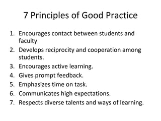 7 Principles of Good Practice Encourages contact between students and faculty Develops reciprocity and cooperation among students. Encourages active learning. Gives prompt feedback. Emphasizes time on task. Communicates high expectations. Respects diverse talents and ways of learning. 
