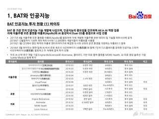 COPYRIGHT 2019 Platum Inc. ALL RIGHTS RESERVED
BAT 인공지능 투자 현황 (1) 바이두
BAT 중 가장 먼저 인공지능 기술 개발에 나섰으며, 인공지능의 중요성을 강조하며 AII in AI 역량 집중
자체 자율주행 오픈 플랫폼 아폴로(Apollo)와 AI 음성비서 Duer OS를 중점으로 사업 진행
• 2017년 4월 자율주행 오픈 플랫폼 아폴로(Apollo)를 발표하며 자체 개발한 자율주행 관련 데이터 및 기술을 파트너사에 공개
2018년 12월말까지 130여 개의 파트너사와 12,000명의 개발자들이 아폴로를 사용중
2019년 1월 CES에서 양산 목적의 아폴로 엔터프라이즈와 복잡한 도시와 교외의 운전 환경을 지원하는 아폴로3.5 발표
• 2018년 3월 바이두는 화면 탑재 AI 비서 로봇 제조사 샤오위짜이자 (小鱼在家)와 함께 7인치 디스플레이를 장착한 인공지능 스피커
샤오두짜이자(小度在家) 발표하고 두 차례에 걸쳐 투자 진행
• 미국 AI 신약 연구 개발 기업 Engine BioSciences와 Atomwise, 클라우드 기반 의료 협력 플랫폼 MORE Health, AI 의료 영상 솔루션 기업
Subtle Medical 등에 투자
1. BAT와 인공지능
투자분야 회사명 투자시기 투자금액 투자 단계 투자 형태 비고
자율주행
아이라이다커지(艾莱达科技) 2018.03 수천만 위안 A라운드 투자 리드
창사스마트주행연구원(长沙智能驾驶研究院) 2018.03 수천만 위안 A라운드 투자 참여
보촹롄동(博创联动) 2018.04 수천만 위안 B+라운드 투자 참여
Idriverplus(智行者科技) 2018.04 - B라운드 투자 리드
허싸이커지(禾赛科技) 2018.05 2.5억 위안 B라운드 투자 리드
VisualThreat 2018.06 - A라운드 투자 참여 미국
황위즈싱(环宇智行) 2018.07 3천만 위안 Pre-A라운드 투자 리드
Lunewave 2018.09 5백만 달러 시드투자 투자 참여 미국
로봇 샤오위짜이자(小鱼在家)
2018.03 수천만 달러 C라운드 투자 리드
2018.05 8천만 달러 C+라운드 투자 리드
의료
Engine BioSciences 2018.02 천만 달러 시드투자 투자 참여 미국
Atomwise 2018.02 4,500만 달러 A라운드 투자 참여 미국
MORE Health 2018.03 - B라운드 투자 참여 미국
Subtle Medical 2018.05 5백만 달러 Pre-A라운드 투자 참여 미국
2018 BAT 이슈
 