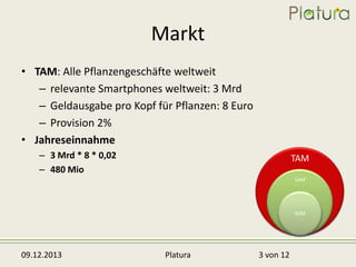 Markt
• TAM: Alle Pflanzengeschäfte weltweit
– relevante Smartphones weltweit: 3 Mrd
– Geldausgabe pro Kopf für Pflanzen: 8 Euro
– Provision 2%
• Jahreseinnahme
– 3 Mrd * 8 * 0,02
– 480 Mio

TAM
SAM

SOM

09.12.2013

Platura

3 von 12

 