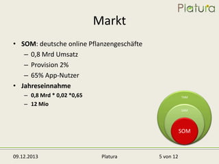 Markt
• SOM: deutsche online Pflanzengeschäfte
– 0,8 Mrd Umsatz
– Provision 2%
– 65% App-Nutzer
• Jahreseinnahme
– 0,8 Mrd * 0,02 *0,65
– 12 Mio

TAM

SAM

SOM

09.12.2013

Platura

5 von 12

 