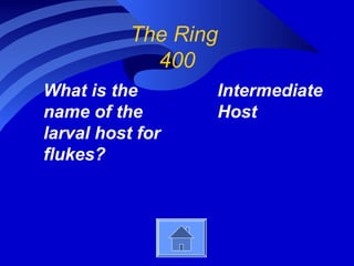 The Ring
400
What is the
name of the
larval host for
flukes?
Intermediate
Host
 