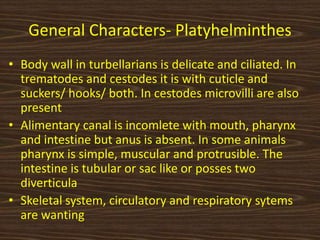 General Characters- Platyhelminthes
• Body wall in turbellarians is delicate and ciliated. In
trematodes and cestodes it is with cuticle and
suckers/ hooks/ both. In cestodes microvilli are also
present
• Alimentary canal is incomlete with mouth, pharynx
and intestine but anus is absent. In some animals
pharynx is simple, muscular and protrusible. The
intestine is tubular or sac like or posses two
diverticula
• Skeletal system, circulatory and respiratory sytems
are wanting
 
