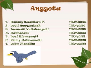 Anggota

1.   Hanang Ujiantoro P.    115040042
2.   Dewi Maryunizah        115040010
3.   Imawati Yuliaharyati   115040035...