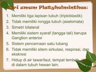 Ciri umum Platyhelminthes:
1. Memiliki tiga lapisan tubuh (triploblastik)
2. Tidak memiliki rongga tubuh (aselomata)
3. Simetri bilateral
4. Memiliki sistem syaraf (tangga tali) berupa
   Ganglion anterior
5. Sistem pencernaan satu lubang
6. Tidak memiliki sitem sirkulasi, respirasi, dan
   ekskresi
7. Hidup di air tawar/laut, tempat lembab, atau
   di dalam tubuh hewan lain.
 