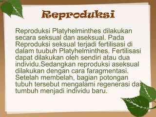 Reproduksi
Reproduksi Platyhelminthes dilakukan
secara seksual dan aseksual. Pada
Reproduksi seksual terjadi fertilisasi d...