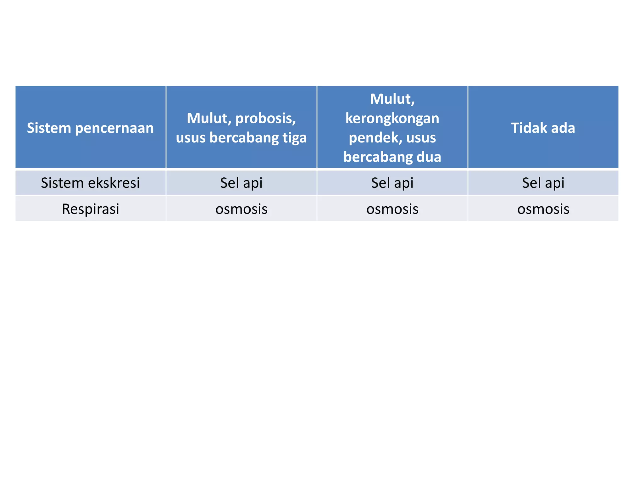 Sistem pencernaan
Mulut, probosis,
usus bercabang tiga
Mulut,
kerongkongan
pendek, usus
bercabang dua
Tidak ada
Sistem ekskresi Sel api Sel api Sel api
Respirasi osmosis osmosis osmosis
 