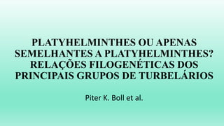 PLATYHELMINTHES OU APENAS
SEMELHANTES A PLATYHELMINTHES?
RELAÇÕES FILOGENÉTICAS DOS
PRINCIPAIS GRUPOS DE TURBELÁRIOS
Piter K. Boll et al.
 