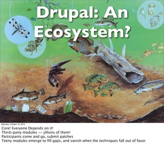 Drupal: An
                             Ecosystem?




Saturday, October 16, 2010

Core! Everyone Depends on it!
Third-par...