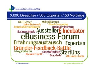 best-practice-business.de/blog



3.000 Besucher / 300 Experten / 50 Vorträge




   (c) Burkhard Schneider           Mit gutem Beispiel voran.
 