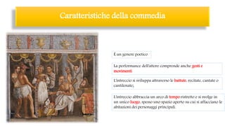 Caratteristiche della commedia
È un genere poetico
L'intreccio si sviluppa attraverso le battute, recitate, cantate o
cantilenate;
La performance dell'attore comprende anche gesti e
movimenti
L'intreccio abbraccia un arco di tempo ristretto e si svolge in
un unico luogo, spesso uno spazio aperto su cui si affacciano le
abitazioni dei personaggi principali.
 