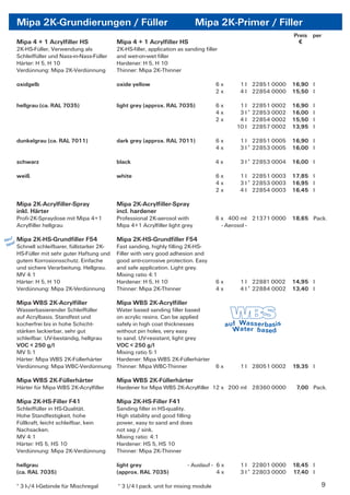 Mipa 2K-Grundierungen / Füller                                           Mipa 2K-Primer / Filler
                                                                                                                   Preis per
        Mipa 4 + 1 Acrylﬁller HS                Mipa 4 + 1 Acrylﬁller HS                                             €
        2K-HS-Füller, Verwendung als            2K-HS-ﬁller, application as sanding ﬁller
        Schleiffüller und Nass-in-Nass-Füller   and wet-on-wet ﬁller
        Härter: H 5, H 10                       Hardener: H 5, H 10
        Verdünnung: Mipa 2K-Verdünnung          Thinner: Mipa 2K-Thinner

        oxidgelb                                oxide yellow                             6x     1 l 22851 0000     16,90 l
                                                                                         2x     4 l 22854 0000     15,50 l

        hellgrau (ca. RAL 7035)                 light grey (approx. RAL 7035)            6x     1l    22851 0002   16,90   l
                                                                                         4x     3l*   22853 0002   16,00   l
                                                                                         2x     4l    22854 0002   15,50   l
                                                                                               10 l   22857 0002   13,95   l

        dunkelgrau (ca. RAL 7011)               dark grey (approx. RAL 7011)             6x     1 l 22851 0005     16,90 l
                                                                                         4x     3 l * 22853 0005   16,00 l

        schwarz                                 black                                    4x     3 l * 22853 0004   16,00 l

        weiß                                    white                                    6x     1 l 22851 0003     17,85 l
                                                                                         4x     3 l * 22853 0003   16,95 l
                                                                                         2x     4 l 22854 0003     16,45 l

        Mipa 2K-Acrylﬁller-Spray                Mipa 2K-Acrylﬁller-Spray
        inkl. Härter                            incl. hardener
        Proﬁ-2K-Spraydose mit Mipa 4+1          Professional 2K-aerosol with             6 x 400 ml 21371 0000     18,65 Pack.
        Acrylﬁller hellgrau                     Mipa 4+1 Acrylﬁller light grey             - Aerosol -

   !
Neu !   Mipa 2K-HS-Grundﬁller F54               Mipa 2K-HS-Grundﬁller F54
 New    Schnell schleifbarer, füllstarker 2K-   Fast sanding, highly ﬁlling 2K-HS-
        HS-Füller mit sehr guter Haftung und    Filler with very good adhesion and
        gutem Korrosionsschutz. Einfache        good anti-corrosive protection. Easy
        und sichere Verarbeitung. Hellgrau.     and safe application. Light grey.
        MV 4:1                                  Mixing ratio 4:1
        Härter: H 5, H 10                       Hardener: H 5, H 10                      6x     1 l 22881 0002     14,95 l
        Verdünnung: Mipa 2K-Verdünnung          Thinner: Mipa 2K-Thinner                 4x     4 l * 22884 0002   13,40 l

        Mipa WBS 2K-Acrylﬁller                  Mipa WBS 2K-Acrylﬁller
        Wasserbasierender Schleiffüller         Water based sanding ﬁller based
        auf Acrylbasis. Standfest und           on acrylic resins. Can be applied
        kocherfrei bis in hohe Schicht-         safely in high coat thicknesses
        stärken lackierbar, sehr gut            without pin holes, very easy
        schleifbar. UV-beständig, hellgrau      to sand. UV-resistant, light grey
        VOC < 250 g/l                           VOC < 250 g/l
        MV 5:1                                  Mixing ratio 5:1
        Härter: Mipa WBS 2K-Füllerhärter        Hardener: Mipa WBS 2K-Füllerhärter
        Verdünnung: Mipa WBC-Verdünnung         Thinner: Mipa WBC-Thinner                6x     1 l 28051 0002     19,35 l

        Mipa WBS 2K-Füllerhärter                Mipa WBS 2K-Füllerhärter
        Härter für Mipa WBS 2K-Acrylﬁller       Hardener for Mipa WBS 2K-Acrylﬁller 12 x 200 ml 28360 0000          7,00 Pack.

        Mipa 2K-HS-Filler F41                   Mipa 2K-HS-Filler F41
        Schleiffüller in HS-Qualität.           Sanding ﬁller in HS-quality.
        Hohe Standfestigkeit, hohe              High stability and good ﬁlling
        Füllkraft, leicht schleifbar, kein      power, easy to sand and does
        Nachsacken.                             not sag / sink.
        MV 4:1                                  Mixing ratio: 4:1
        Härter: HS 5, HS 10                     Hardener: HS 5, HS 10
        Verdünnung: Mipa 2K-Verdünnung          Thinner: Mipa 2K-Thinner

        hellgrau                                light grey                  - Auslauf - 6 x     1 l 22801 0000     18,45 l
        (ca. RAL 7035)                          (approx. RAL 7035)                      4x      3 l * 22803 0000   17,40 l

        * 3 l-/4 l-Gebinde für Mischregal       * 3 l/4 l pack. unit for mixing module                                         9
 