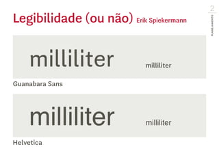 milliliter milliliter
milliliter milliliter
Guanabara Sans
Helvetica
Planejamento
2
Legibilidade (ou não) Erik Spiekermann
 