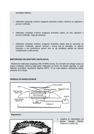 zemaljske letjelice,
• helikopteri pripadaju zračnim snagama američke vojske i direktno su uključeni u
proces mutilacije,
• helikopteri pripadaju zračnim snagama američke vojske, ali nisu uključeni u
proces mutilacije, nego ga istražuju,
• helikopteri pripadaju zračnim snagama američke vojske koja je upoznata sa
procesom mutilacije, njenom svrhom i onima koji je obavljaju, te njihovo
prisustvo u tim područjima ustvari ima za cilj skretanje pažnje sa njihove
umiješanosti u cijeli proces.
MISTERIOZNI HELIKOPTERI I MUTILACIJA
Misteriozni helikopteri pripadaju DELTA/NRO diviziji. Za normalni tok istrage vezan za
pojavu mutilacije, jedinica šalje jedan helikopter sa timom od sedam agenata, te dvije
daljinski upravljene, bezpilotne letjelice (RPV). To su male letjelice, tanjirastog oblika,
prečnika do tri stope.
UREĐAJI ZA NADGLEDANJE
Napomena :
• Letjelica je napravljena od
strane Aerojet Electic-
Sistems-a, Kalifornija.
 