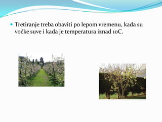  Tretiranje treba obaviti po lepom vremenu, kada su

voćke suve i kada je temperatura iznad 10C.

 