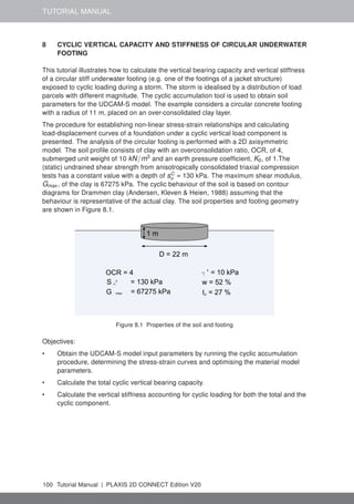 TUTORIAL MANUAL
8 CYCLIC VERTICAL CAPACITY AND STIFFNESS OF CIRCULAR UNDERWATER
FOOTING
This tutorial illustrates how to calculate the vertical bearing capacity and vertical stiffness
of a circular stiff underwater footing (e.g. one of the footings of a jacket structure)
exposed to cyclic loading during a storm. The storm is idealised by a distribution of load
parcels with different magnitude. The cyclic accumulation tool is used to obtain soil
parameters for the UDCAM-S model. The example considers a circular concrete footing
with a radius of 11 m, placed on an over-consolidated clay layer.
The procedure for establishing non-linear stress-strain relationships and calculating
load-displacement curves of a foundation under a cyclic vertical load component is
presented. The analysis of the circular footing is performed with a 2D axisymmetric
model. The soil profile consists of clay with an overconsolidation ratio, OCR, of 4,
submerged unit weight of 10 kN/m3
and an earth pressure coefficient, K0, of 1.The
(static) undrained shear strength from anisotropically consolidated triaxial compression
tests has a constant value with a depth of sC
u = 130 kPa. The maximum shear modulus,
Gmax , of the clay is 67275 kPa. The cyclic behaviour of the soil is based on contour
diagrams for Drammen clay (Andersen, Kleven & Heien, 1988) assuming that the
behaviour is representative of the actual clay. The soil properties and footing geometry
are shown in Figure 8.1.
OCR = 4
S = 130 kPa
= 67275 kPa
G
D = 22 m
w = 52 %
= 10 kPa
'
I = 27 %
1 m
γ
u
c
p
max
Figure 8.1 Properties of the soil and footing
Objectives:
• Obtain the UDCAM-S model input parameters by running the cyclic accumulation
procedure, determining the stress-strain curves and optimising the material model
parameters.
• Calculate the total cyclic vertical bearing capacity.
• Calculate the vertical stiffness accounting for cyclic loading for both the total and the
cyclic component.
100 Tutorial Manual | PLAXIS 2D CONNECT Edition V20
 