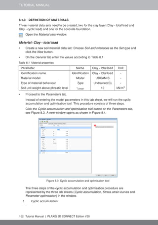 TUTORIAL MANUAL
8.1.3 DEFINITION OF MATERIALS
Three material data sets need to be created; two for the clay layer (Clay - total load and
Clay - cyclic load) and one for the concrete foundation.
Open the Material sets window.
Material: Clay - total load
• Create a new soil material data set: Choose Soil and interfaces as the Set type and
click the New button.
• On the General tab enter the values according to Table 8.1
Table 8.1 Material properties
Parameter Name Clay - total load Unit
Identification name Identification Clay - total load -
Material model Model UDCAM-S -
Type of material behaviour Type Undrained(C) -
Soil unit weight above phreatic level γunsat 10 kN/m3
• Proceed to the Parameters tab.
Instead of entering the model parameters in this tab sheet, we will run the cyclic
accumulation and optimisation tool. This procedure consists of three steps.
Click the Cyclic accumulation and optimisation tool button on the Parameters tab,
see Figure 8.3. A new window opens as shown in Figure 8.4.
Figure 8.3 Cyclic accumulation and optimisation tool
The three steps of the cyclic accumulation and optimisation procedure are
represented by the three tab sheets (Cyclic accumulation, Stress-strain curves and
Parameter optimisation) in the window.
1. Cyclic accumulation
102 Tutorial Manual | PLAXIS 2D CONNECT Edition V20
 