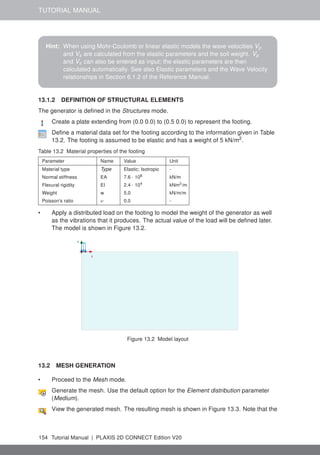 TUTORIAL MANUAL
Hint: When using Mohr-Coulomb or linear elastic models the wave velocities Vp
and Vs are calculated from the elastic parameters and the soil weight. Vp
and Vs can also be entered as input; the elastic parameters are then
calculated automatically. See also Elastic parameters and the Wave Velocity
relationships in Section 6.1.2 of the Reference Manual.
13.1.2 DEFINITION OF STRUCTURAL ELEMENTS
The generator is defined in the Structures mode.
Create a plate extending from (0.0 0.0) to (0.5 0.0) to represent the footing.
Define a material data set for the footing according to the information given in Table
13.2. The footing is assumed to be elastic and has a weight of 5 kN/m2
.
Table 13.2 Material properties of the footing
Parameter Name Value Unit
Material type Type Elastic; Isotropic -
Normal stiffness EA 7.6 · 106 kN/m
Flexural rigidity EI 2.4 · 104 kNm2/m
Weight w 5.0 kN/m/m
Poisson's ratio ν 0.0 -
• Apply a distributed load on the footing to model the weight of the generator as well
as the vibrations that it produces. The actual value of the load will be defined later.
The model is shown in Figure 13.2.
Figure 13.2 Model layout
13.2 MESH GENERATION
• Proceed to the Mesh mode.
Generate the mesh. Use the default option for the Element distribution parameter
(Medium).
View the generated mesh. The resulting mesh is shown in Figure 13.3. Note that the
154 Tutorial Manual | PLAXIS 2D CONNECT Edition V20
 