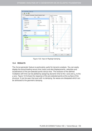 DYNAMIC ANALYSIS OF A GENERATOR ON AN ELASTIC FOUNDATION
Figure 13.8 Input of Rayleigh damping
13.4 RESULTS
The Curve generator feature is particularly useful for dynamic analysis. You can easily
display the actual loading versus time (input) and also displacements, velocities and
accelerations of the pre-selected points versus time. The evolution of the defined
multipliers with time can be plotted by assigning Dynamic time to the x-axis and uy to the
y-axis. Figure 13.9 shows the response of the pre-selected points at the surface of the
structure. It can be seen that even with no damping, the waves are dissipated which can
be attributed to the geometric damping.
PLAXIS 2D CONNECT Edition V20 | Tutorial Manual 159
 