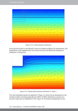 TUTORIAL MANUAL
Figure 16.14 Initial temperature distribution
at the ground surface is now defined in terms of Climate conditions (air temperature), this
temperature is also applied at the inner side of the lock and affects the temperature
distribution in the ground.
Figure 16.15 Steady-state temperature distribution in Phase_1
The most interesting results are obtained in Phase_2 in which the air temperature in the
Climate condition increases gradually from 283 K to 298 K (defined by a quarter of a
harmonic cycle with an amplitude of 15K). Figure 16.16 shows the temperature at the
192 Tutorial Manual | PLAXIS 2D CONNECT Edition V20
 