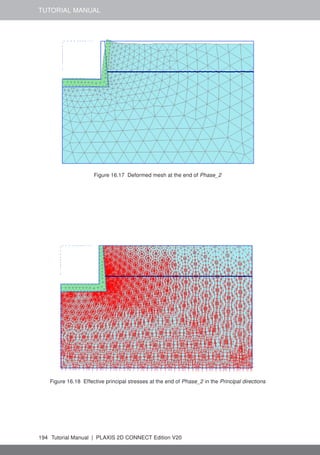 TUTORIAL MANUAL
Figure 16.17 Deformed mesh at the end of Phase_2
Figure 16.18 Effective principal stresses at the end of Phase_2 in the Principal directions
194 Tutorial Manual | PLAXIS 2D CONNECT Edition V20
 