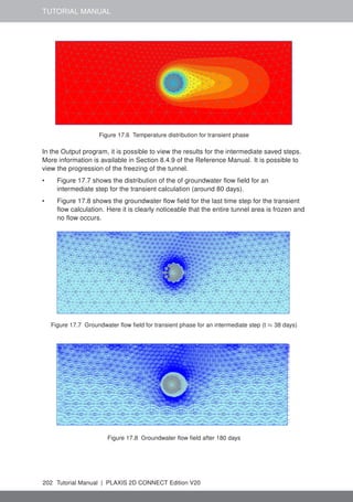 TUTORIAL MANUAL
Figure 17.6 Temperature distribution for transient phase
In the Output program, it is possible to view the results for the intermediate saved steps.
More information is available in Section 8.4.9 of the Reference Manual. It is possible to
view the progression of the freezing of the tunnel.
• Figure 17.7 shows the distribution of the of groundwater flow field for an
intermediate step for the transient calculation (around 80 days).
• Figure 17.8 shows the groundwater flow field for the last time step for the transient
flow calculation. Here it is clearly noticeable that the entire tunnel area is frozen and
no flow occurs.
Figure 17.7 Groundwater flow field for transient phase for an intermediate step (t ≈ 38 days)
Figure 17.8 Groundwater flow field after 180 days
202 Tutorial Manual | PLAXIS 2D CONNECT Edition V20
 