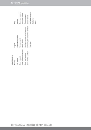 TUTORIAL MANUAL
INPUT
MENU
2
Phases
Expert
Help
Edit
phases
Examine
commands
Manuals
Show
materials
Run
commands
Command
reference
Show
dynamic
multipliers
Macro
library
Instruction
movies
Show
flow
functions
Configure
remote
scripting
server
Request
support
Show
thermal
functions
Sensitivity
and
parameter
variation
Update
licence
View
files
http://www.plaxis.nl
Disclaimer
About
204 Tutorial Manual | PLAXIS 2D CONNECT Edition V20
 