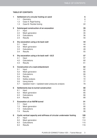 TABLE OF CONTENTS
TABLE OF CONTENTS
1 Settlement of a circular footing on sand 6
1.1 Geometry 6
1.2 Case A: Rigid footing 7
1.3 Case B: Flexible footing 22
2 Submerged construction of an excavation 29
2.1 Input 30
2.2 Mesh generation 35
2.3 Calculations 36
2.4 Results 40
3 Dry excavation using a tie back wall 44
3.1 Input 44
3.2 Mesh generation 49
3.3 Calculations 49
3.4 Results 55
4 Dry excavation using a tie back wall - ULS 57
4.1 Input 57
4.2 Calculations 60
4.3 Results 61
5 Construction of a road embankment 62
5.1 Input 62
5.2 Mesh generation 66
5.3 Calculations 66
5.4 Results 70
5.5 Safety analysis 72
5.6 Using drains 77
5.7 Updated mesh + Updated water pressures analysis 78
6 Settlements due to tunnel construction 80
6.1 Input 80
6.2 Mesh generation 85
6.3 Calculations 86
6.4 Results 88
7 Excavation of an NATM tunnel 91
7.1 Input 91
7.2 Mesh generation 95
7.3 Calculations 95
7.4 Results 98
8 Cyclic vertical capacity and stiffness of circular underwater footing 100
8.1 Input 101
8.2 Mesh generation 114
8.3 Calculations 115
8.4 Results 116
PLAXIS 2D CONNECT Edition V20 | Tutorial Manual 3
 