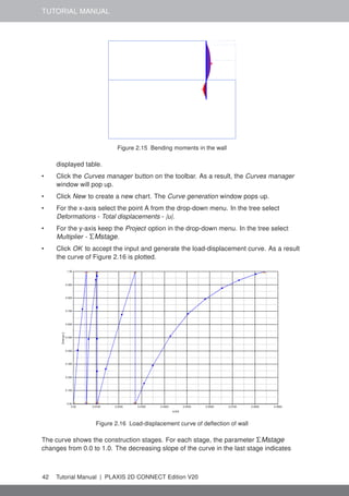 TUTORIAL MANUAL
Figure 2.15 Bending moments in the wall
displayed table.
• Click the Curves manager button on the toolbar. As a result, the Curves manager
window will pop up.
• Click New to create a new chart. The Curve generation window pops up.
• For the x-axis select the point A from the drop-down menu. In the tree select
Deformations - Total displacements - |u|.
• For the y-axis keep the Project option in the drop-down menu. In the tree select
Multiplier - ΣMstage.
• Click OK to accept the input and generate the load-displacement curve. As a result
the curve of Figure 2.16 is plotted.
Figure 2.16 Load-displacement curve of deflection of wall
The curve shows the construction stages. For each stage, the parameter ΣMstage
changes from 0.0 to 1.0. The decreasing slope of the curve in the last stage indicates
42 Tutorial Manual | PLAXIS 2D CONNECT Edition V20
 