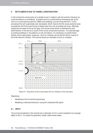 TUTORIAL MANUAL
6 SETTLEMENTS DUE TO TUNNEL CONSTRUCTION
In this tutorial the construction of a shield tunnel in medium soft soil and the influence on
a pile foundation is considered. A shield tunnel is constructed by excavating soil at the
front of a tunnel boring machine (TBM) and installing a tunnel lining behind it. In this
procedure the soil is generally over-excavated, which means that the cross sectional area
occupied by the final tunnel lining is always less than the excavated soil area. Although
measures are taken to fill up this gap, one cannot avoid stress re-distributions and
deformations in the soil as a result of the tunnel construction process. To avoid damage
to existing buildings or foundations on the soil above, it is necessary to predict these
effects and to take proper measures. Such an analysis can be performed by means of
the finite element method. This tutorial shows an example of such an analysis.
x
y
+3 m
0 m
-10 m
-12 m
-17 m
-30 m
5 m 10 m 20 m
clay
piles
sand
deep clay
deep sand
Figure 6.1 Geometry of the tunnel project with an indication of the soil layers
Objectives:
• Modelling of the tunnel boring process
• Modelling undrained behaviour using the Undrained (B) option
6.1 INPUT
The tunnel considered in this tutorial has a diameter of 5.0 m and is located at an average
depth of 20 m. To create the geometry model, follow these steps:
80 Tutorial Manual | PLAXIS 2D CONNECT Edition V20
 