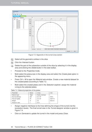 TUTORIAL MANUAL
Figure 7.3 Segments in the tunnel cross section
Select all the geometric entities in the slice.
Click the Intersect button.
Delete the part of the subsection outside of the slice by selecting it in the display
area and clicking the Delete button in the side toolbar.
• Proceed to the Properties mode.
• Multi-select the polycurves in the display area and select the Create plate option in
the appearing menu.
• Press Ctrl + M to open the Material sets window. Create a new material dataset for
the created plates according to Table 7.2.
• Multi-select the created plates and in the Selection explorer, assign the material
Lining to the selected plates.
Table 7.2 Material properties of the plates
Parameter Name Lining Unit
Material type Type Elastic; Isotropic -
Normal stiffness EA 6.0·106
kN/m
Flexural rigidity EI 2.0·104
kNm2
/m
Weight w 5.0 kN/m/m
Poisson's ratio ν 0.15 -
• Assign negative interfaces to the lines defining the shape of the tunnel (not the
excavation levels). The final tunnel view in the Tunnel designer window is given in
Figure 7.4.
• Click on Generate to update the tunnel in the model and press Close.
94 Tutorial Manual | PLAXIS 2D CONNECT Edition V20
 