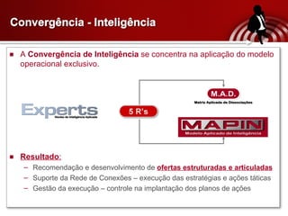 C onvergência - Inteligência A  Convergência de Inteligência  se concentra na aplicação do modelo operacional exclusivo. Resultado : Recomendação e desenvolvimento de  ofertas estruturadas e articuladas Suporte da Rede de Conexões – execução das estratégias e ações táticas Gestão da execução – controle na implantação dos planos de ações 
