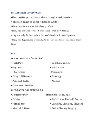 INTELLECTUAL DEVELOPMENT

▪They need opportunities to share thoughts and reactions.

▪ They see things as either “ Black or White “.

▪They have interest which change often.

▪They are easily motivated and eager to try new things.

▪they usually do best when the work in done in small pieces.

▪They need guidance from adults to stay at a task to achieve their

Best.



Play

School Age ( 6- 7 years old )

▪ Park Play                           ▪ Cellphone games

▪Play Sets                            ▪ PSP Games

▪ Play houses                         ▪Swimming

▪ Baby doll Nursery                   ▪ Drawing

▪ Arts and Crafts                     ▪ Musical

▪ Giant soap bubbles

OLDER AGE ( 8-12 years old )

▪Computer Play                  ▪ Basketball, Volley ball,

▪ Baking                              ▪ Badminton, Football, Soccer

▪ Petting Zoo                         ▪ Camping, Climbing, Bicycling

▪ Musical & Dance                     ▪ Roller Skating, Digging
 