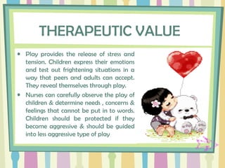 THERAPEUTIC VALUE
• Play provides the release of stress and
tension. Children express their emotions
and test out frightening situations in a
way that peers and adults can accept.
They reveal themselves through play.
• Nurses can carefully observe the play of
children & determine needs , concerns &
feelings that cannot be put in to words.
Children should be protected if they
become aggressive & should be guided
into less aggressive type of play
 