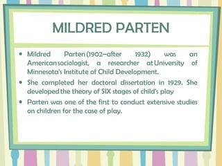 MILDRED PARTEN
• Mildred Parten (1902–after 1932) was an
American sociologist, a researcher at University of
Minnesota's Institute of Child Development.
• She completed her doctoral dissertation in 1929. She
developed the theory of SIX stages of child's play
• Parten was one of the first to conduct extensive studies
on children for the case of play.
 