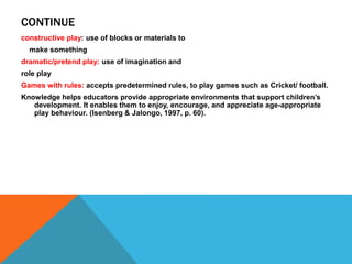 CONTINUE 
constructive play: use of blocks or materials to 
make something 
dramatic/pretend play: use of imagination and 
role play 
Games with rules: accepts predetermined rules, to play games such as Cricket/ football. 
Knowledge helps educators provide appropriate environments that support children’s 
development. It enables them to enjoy, encourage, and appreciate age-appropriate 
play behaviour. (Isenberg & Jalongo, 1997, p. 60). 
 