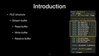 Introduction
• FILE structure

• Stream buﬀer

• Read buﬀer

• Write buﬀer

• Reserve buﬀer
13
 