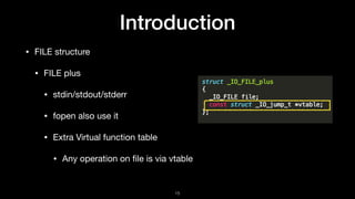 Introduction
• FILE structure

• FILE plus

• stdin/stdout/stderr

• fopen also use it

• Extra Virtual function table

• ...
