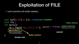 • Let’s overwrite with buﬀer address
Exploitation of FILE
Buﬀer overﬂow
Sample code
payload
Buﬀer address
32
//variable bu...