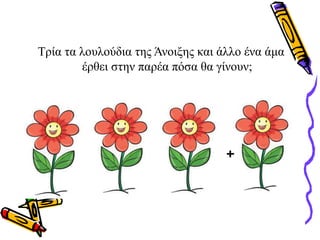Τρία τα λουλούδια της Άνοιξης και άλλο ένα άμα
έρθει στην παρέα πόσα θα γίνουν;
+
 
