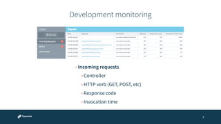 Development monitoring 
9 
• Incoming requests 
• Controller 
• HTTP verb (GET, POST, etc) 
• Response code 
• Invocation time 
 